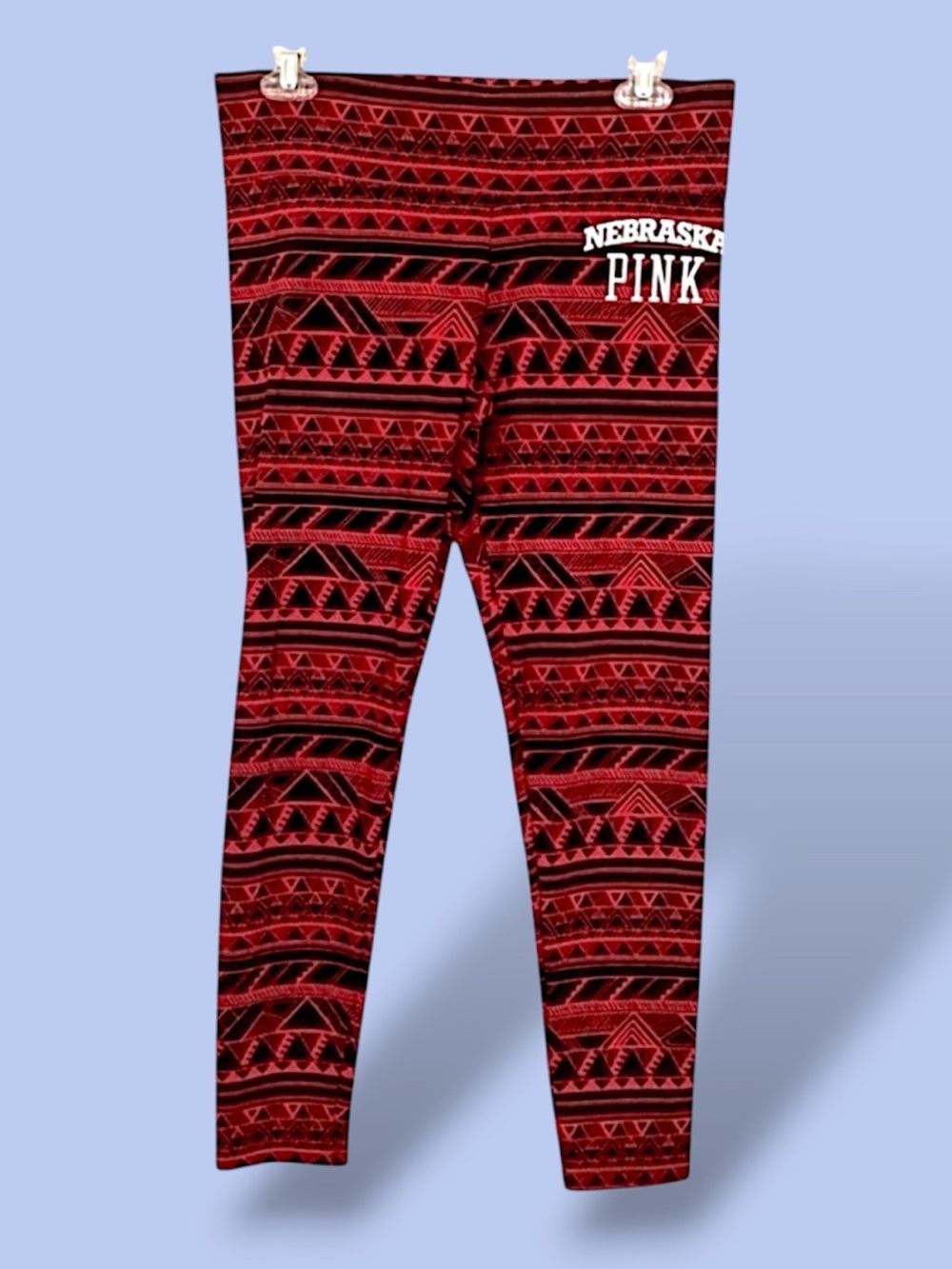PINK Victoria's Secret Leggings Size M Black & Red Aztec Pattern "NEBRASKA PINK"